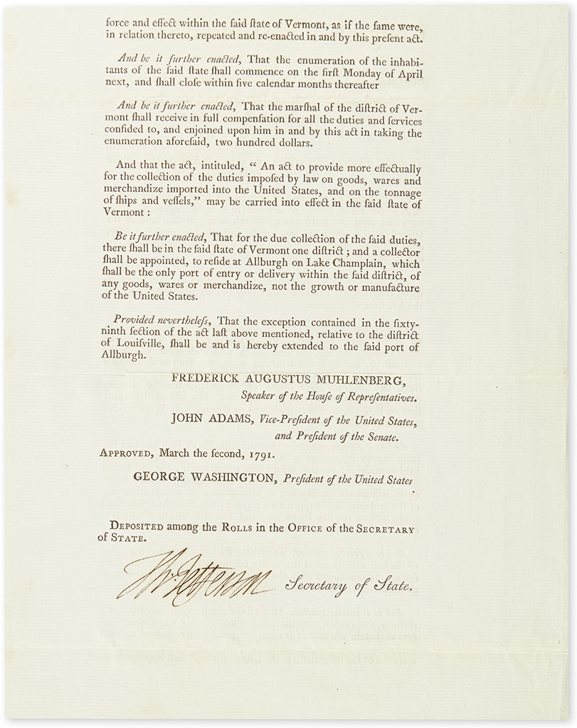 JEFFERSON, THOMAS. Printed Document Signed, Th:Jefferson, as Secretary of State,